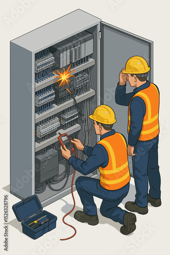 Electricians repairing a PLC cabinet. Technician with multimeter causes a dangerous short circuit spark. Electrical fault accident during industrial maintenance. Workplace safety concept.
