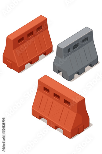 Vector set of isometric plastic road barriers. Traffic control safety block for construction sites. Temporary roadblock fence illustration. Orange and grey jersey barriers.