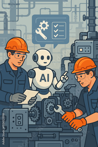 AI robot assists engineers with industrial machine maintenance in a smart factory. Industry 4.0, automation, and human collaboration concept for predictive repair and service.