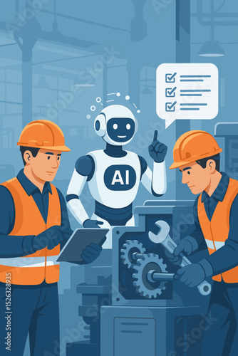 AI robot assisting factory workers with machine maintenance. Industry 4.0 concept. Engineers collaborate on equipment repair, predictive maintenance with a digital checklist. Automation.