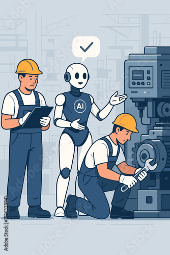 AI robot assisting engineers with machine maintenance. Human-robot collaboration in smart factory. Industry 4.0 automation, teamwork, and manufacturing technology concept vector.