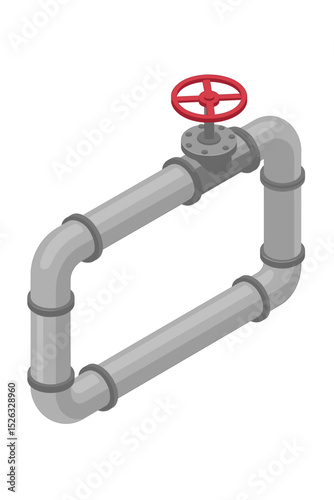 Industrial pipe connection with red valve wheel. Isometric vector illustration of a pipeline system element. Metal conduit for water, gas, or oil supply. Plumbing equipment.