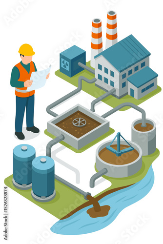 Isometric industrial wastewater treatment plant concept. Engineer with blueprint at a factory. Water purification, filtration, and sewage cleaning system. River pollution and ecology.