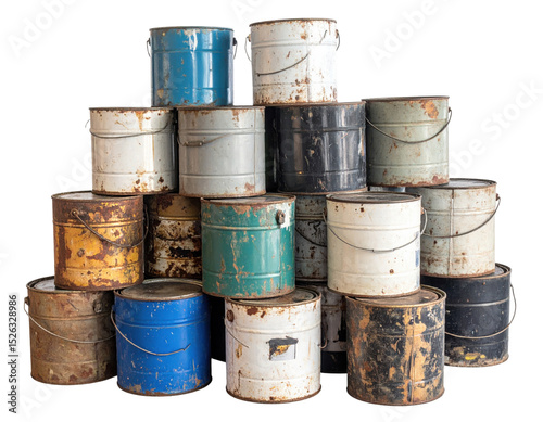 A stack of old, weathered metal paint cans in various colors with rust and peeling paint on their surfaces.