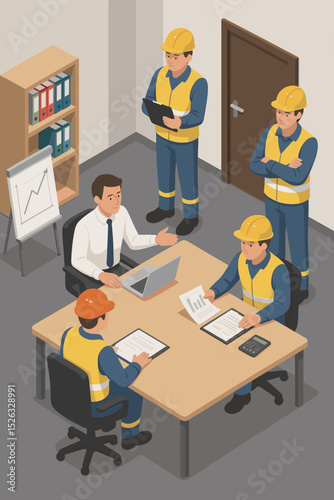 Construction project meeting in an office. Isometric vector illustration of engineers and workers in a safety briefing with a manager. Industrial teamwork and planning concept.