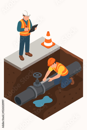 Isometric vector of workers repairing an underground water pipe. Plumber fixing a leaking pipeline with a wrench while supervisor inspects. Construction and maintenance concept.