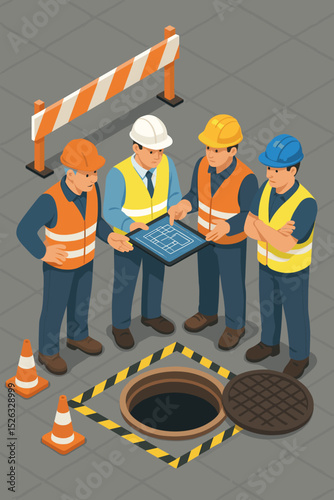 Construction team planning strategy isometric vector illustration. Engineer and builders discussing a project blueprint on a tablet near an open manhole. Teamwork and safety concept.