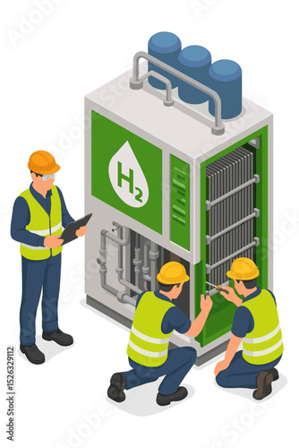 Isometric hydrogen electrolyzer station vector illustration. Engineers performing maintenance on H2 production equipment. Green energy, sustainable technology, renewable fuel concept.