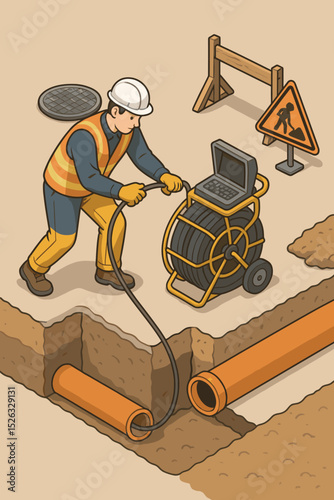 Sewer inspection isometric vector illustration. Plumber using a CCTV drain camera for pipeline diagnostics. Underground utility worker with professional video snake equipment.