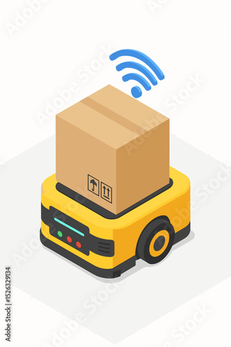 Smart logistics robot for warehouse automation. Isometric illustration of an autonomous mobile robot (AMR) carrying a box. Automated guided vehicle (AGV) for package delivery.