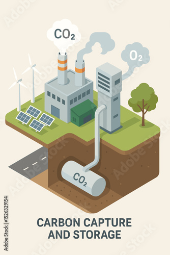 Carbon capture and storage process isometric illustration. Diagram showing factory CO2 emissions captured and stored underground. Green technology for decarbonization and climate change.