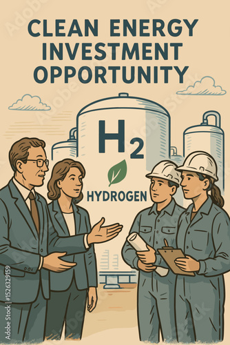Clean energy investment opportunity poster. Business investors meeting with engineers at a hydrogen fuel plant. H2 storage tanks for sustainable green power production concept.