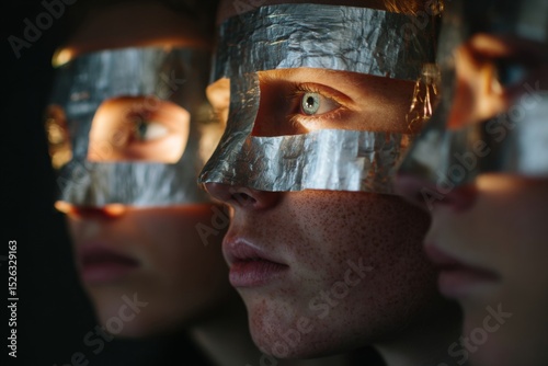 Layered abstract portrait exploring themes of identity. People wearing a layer of masks with torn paper textures