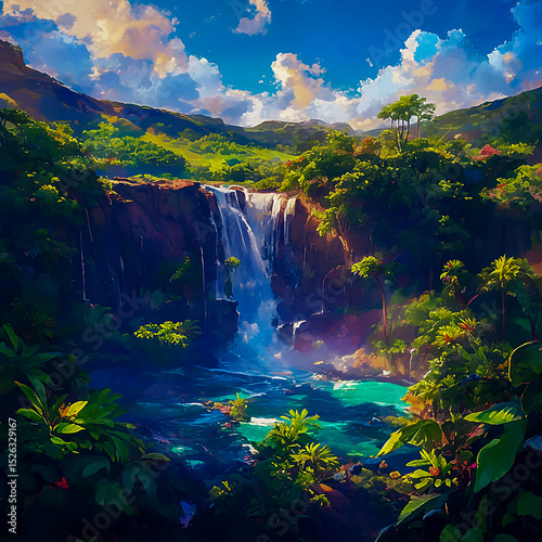 Breathtaking Jungle Waterfall Lush Green Foliage and Cascading Water