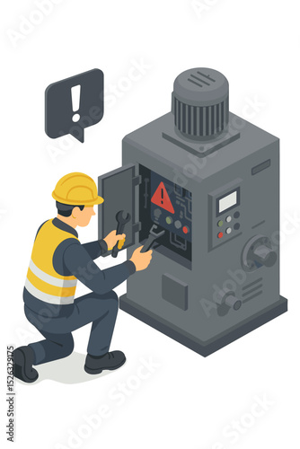 Isometric vector of an engineer fixing a machine. Technician with wrench repairs industrial equipment. Concept of maintenance, service, troubleshooting, and factory repair.