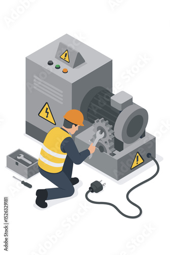 Industrial maintenance concept. Engineer or mechanic in safety vest repairing a machine. Technician with wrench fixing an electric motor with gears. Isometric vector illustration.