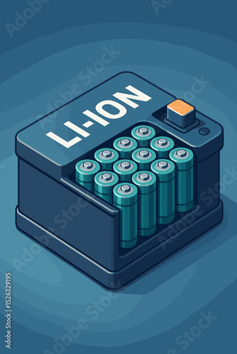 Li-ion battery pack isometric vector illustration. Electric vehicle EV module with cells. Energy storage system concept. Rechargeable power source for clean green technology & transport.