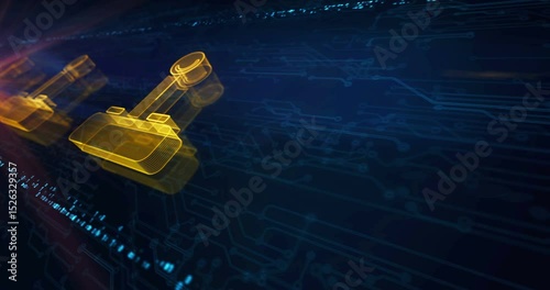 Joystick videogame and gaming hologram symbol appears on a electronic circuit background. Network, cyber technology and computer abstract concept.