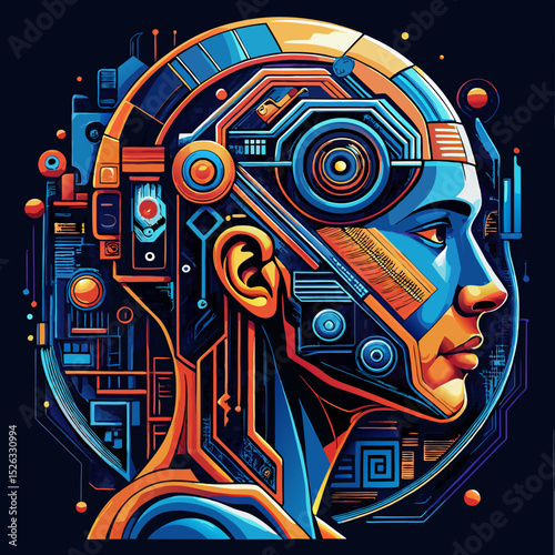 "Artificial Intelligence Concept – Futuristic Cybernetic Head with Abstract Tech Details in Vector Style"


