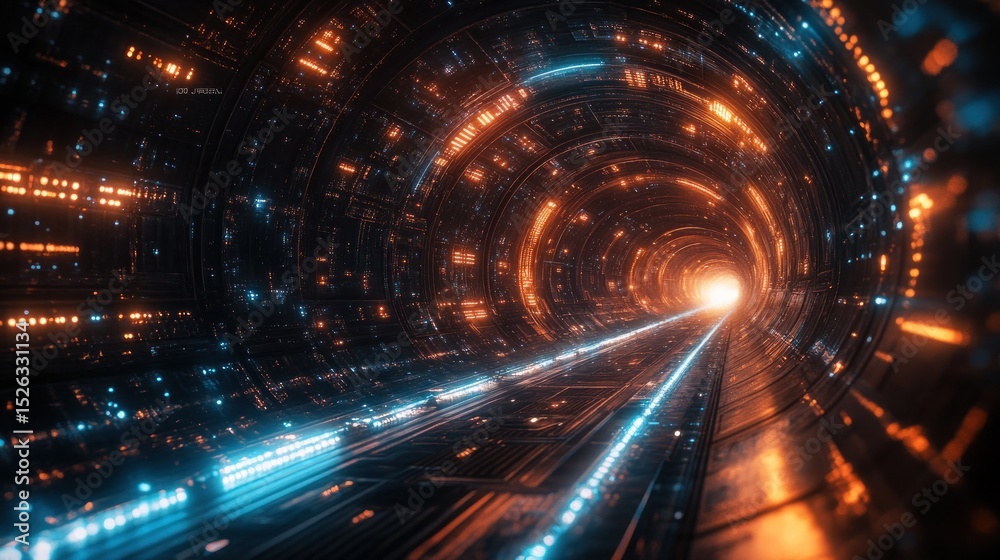 Fototapeta premium Futuristic Hyper Tunnel: Digital Lightspeed Journey