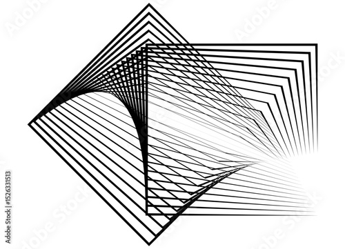 Abstract figure of squares flowing from thin black lines on a white background. Modern geometric design element. Black and white vector background for covers, advertising, social networks