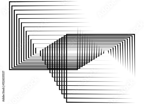 Abstract figure of flowing squares with thin black lines on a white background. Modern geometric design element. Black and white vector background