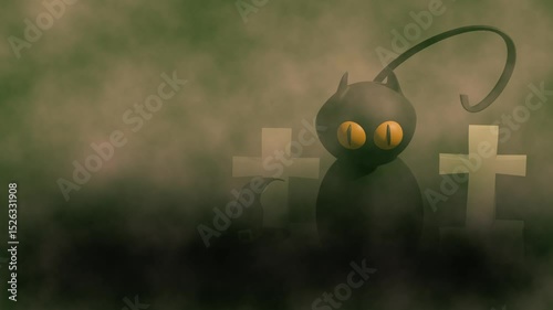 Black cat and witch hat in lonely graveyard with dark clouds background