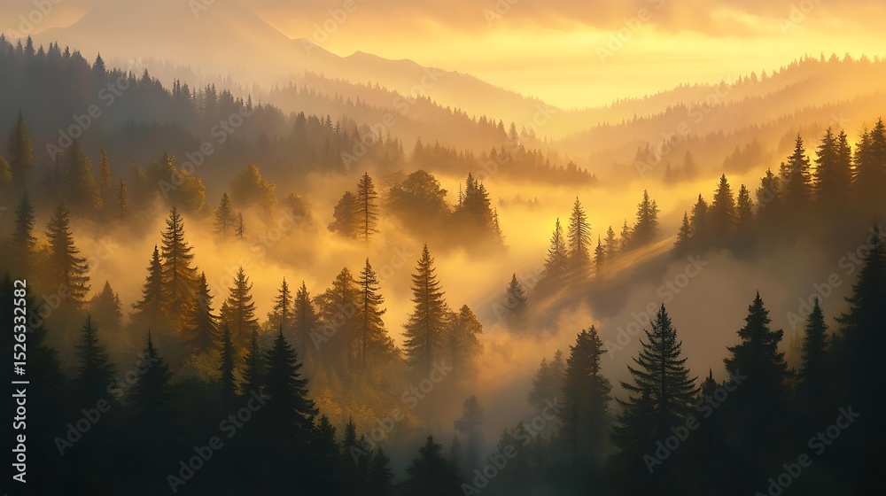 Obraz premium A serene sunrise over a misty forest, with golden light filtering through the trees