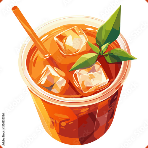 Iced Thai tea with ice cubes in plastic cup, refreshing summer drink, colorful vector illustration. 
Flat vector Illustration of beverage on white background