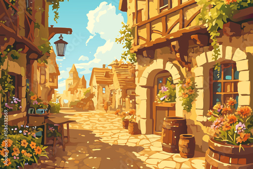 Flat vector illustration of view of medieval city street