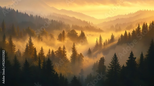 A serene sunrise over a misty forest, with golden light filtering through the trees
