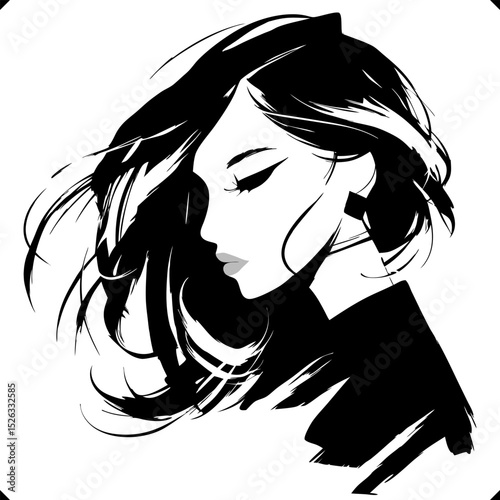 Elegant Woman Portrait in Black Ink Brush Style. Flat Vector Illustration on the white background. 
Stylish vector illustration of a woman's portrait in black and red ink brush style