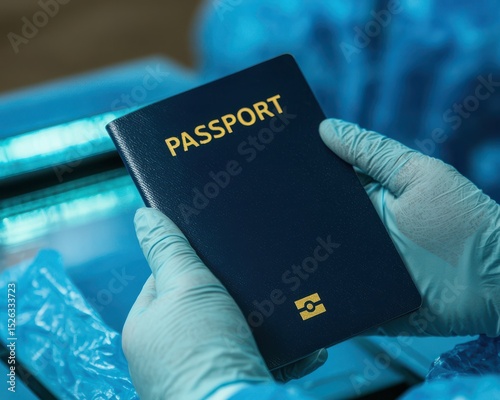 Immigration Enforcement Concepts. A gloved person holds a dark blue biometric passport, symbolizing travel and identity verification.