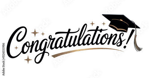 Elegant Congratulations Graduation Design with Calligraphy Text Graduation Cap Tassel and Gold Accents on a Clean White Background for Celebration