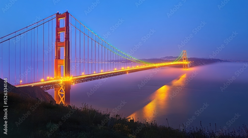 Fototapeta premium Illuminated bridge, San Francisco, fog, twilight, cityscape, travel, postcard, tourism