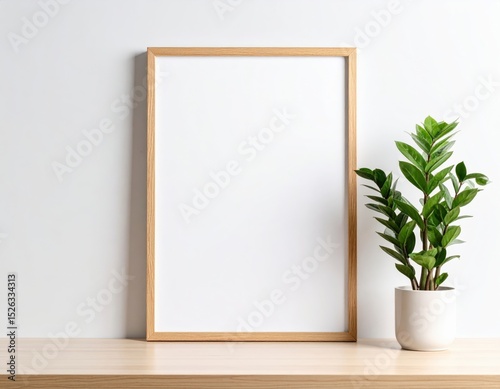 Minimalist Mockup Wooden Frame and Zamioculcas Plant on Light Wood Surface