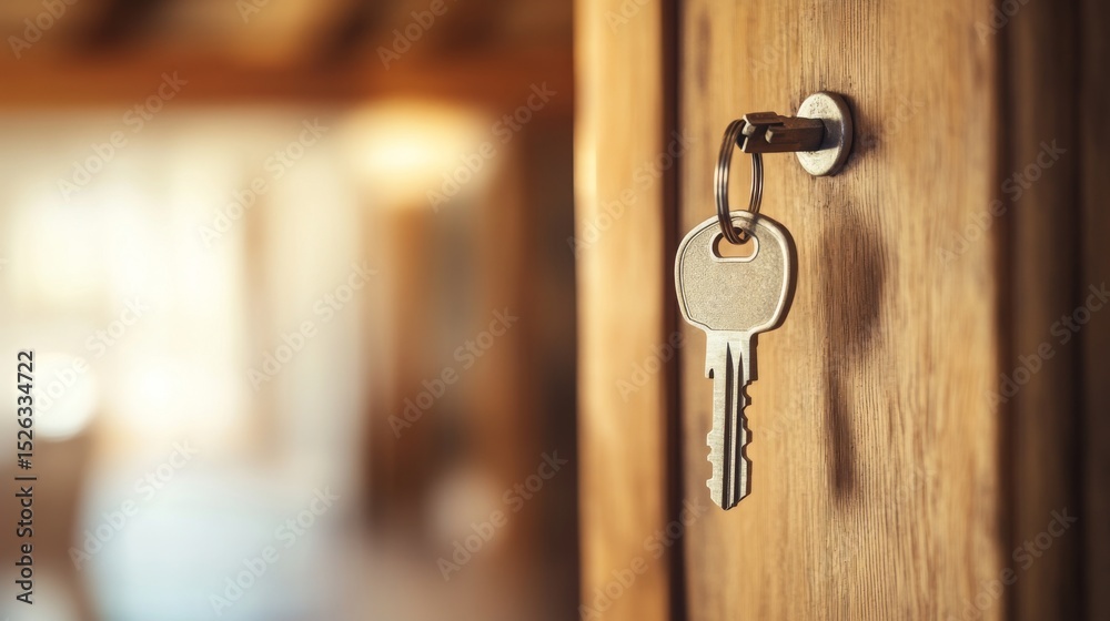 A close-up of a single key hanging on a wooden key rack, with a soft-focus background of a warm, inviting home entrance A close-up of a single key hanging on a wooden key rack, with a soft-focus background of a warm, inviting home entrance