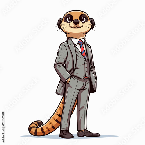 Business Meerkat in Smart Suit: A sophisticated meerkat, dressed in a tailored suit and tie, exudes confidence and professionalism, standing in a dynamic, full-body pose.