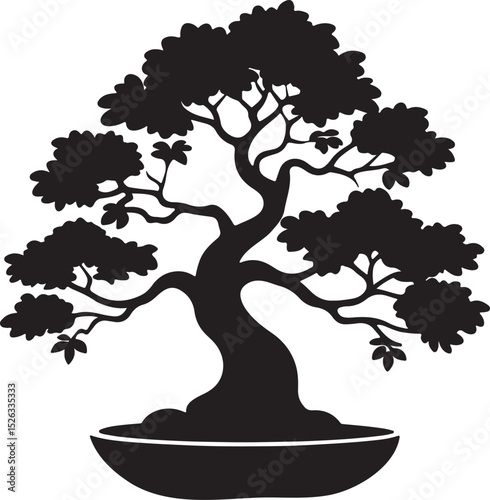 bonsai tree silhouette, black and white silhouette, vector and illustration