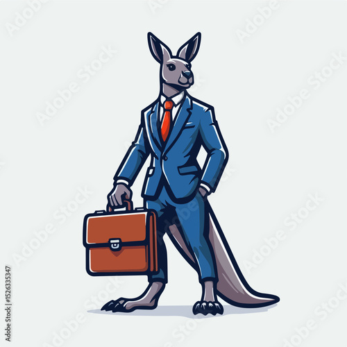 Kangaroo Entrepreneur: A clever, stylized illustration of a kangaroo dressed in a sharp business suit holding a briefcase, embodying the spirit of enterprise and agility.