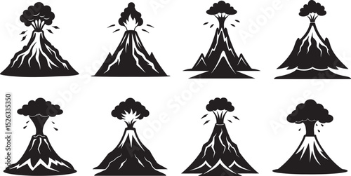 set of volcano eruption with lava silhouette, black and white silhouette, vector and illustration