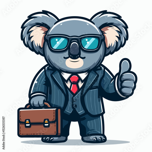Business Koala's Confidence: A charismatic koala, impeccably dressed in a tailored suit and stylish glasses, exudes confidence as it gestures a thumbs-up, carrying a professional briefcase in hand.