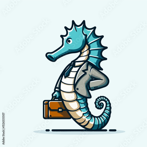 Seahorse Professional: An elegant sea horse in a suit and tie, holding a briefcase, stands as a symbol of professionalism, ambition and ocean life.