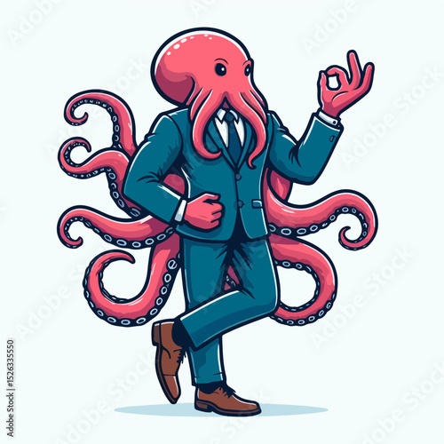 Stylish Octopus: A dapper, anthropomorphic octopus, stylishly attired in a sleek suit, strikes a pose of confidence and competence, conveying a sense of sophistication and control.
