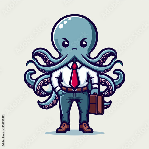 Octopus Professional: A cartoon illustration of a determined octopus in professional attire, embodying a unique blend of marine life and business acumen. 