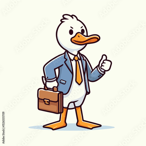 Duck Business Professional: A charming cartoon duck, exuding professionalism, stands smartly attired in a business suit, clutching a briefcase while giving a thumbs-up.