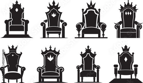set of throne king chair silhouette, black and white silhouette, vector and illustration