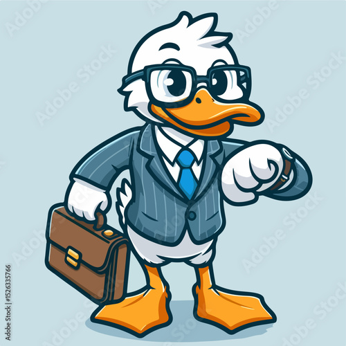 Duck Executive: A meticulously crafted cartoon illustration of a distinguished duck, elegantly attired in a tailored suit, peering at a watch, and carrying a briefcase, ready for business