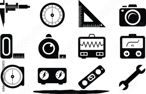 Measurement tool icons, engineering instruments, vector illustration, construction tools, gauge, ruler, camera, wrench, precision equipment, technical drawing tools