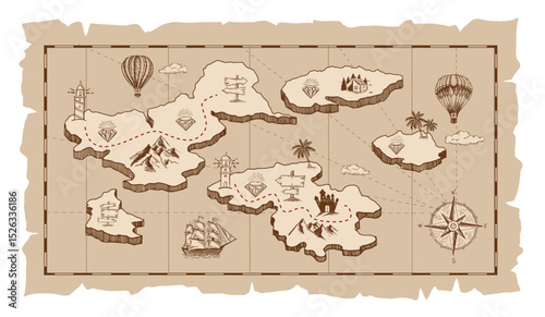 Vintage treasure map illustration with a compass, ships, and an island	
